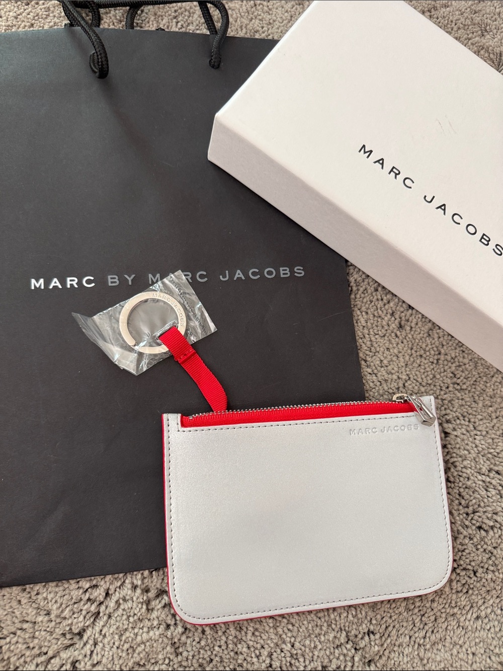 Marc Jacobs Silver reflective Card & Key Pouch with Red Trim NWT